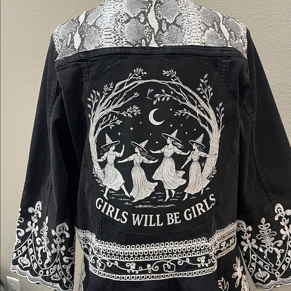 Upcycled Black Denim Jacket with Peplum & Floral Whitework Embroidery. Size M-L - Picture 5 of 15